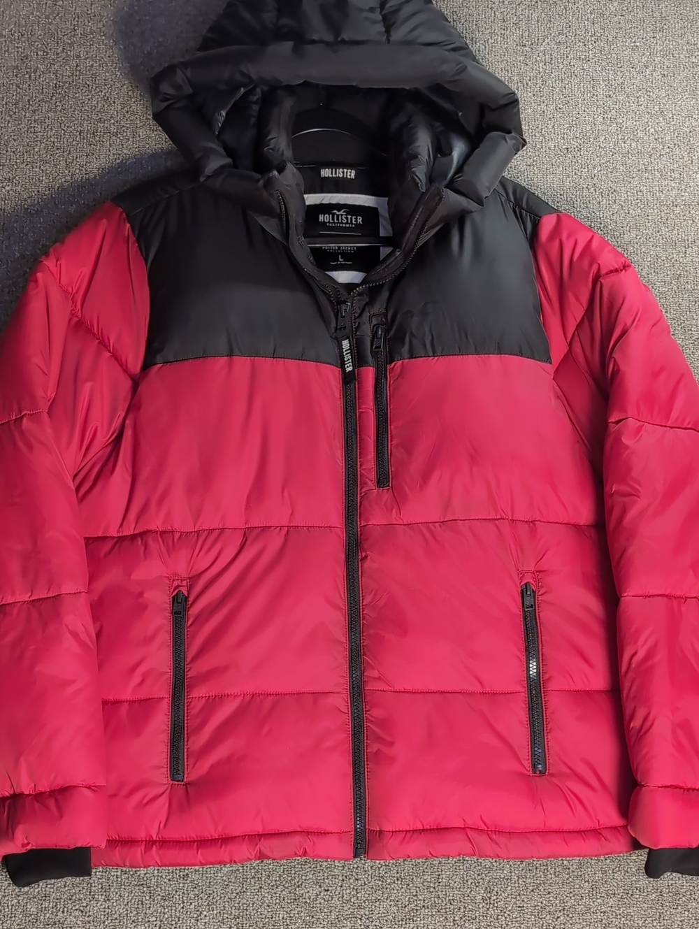 Hollister Puffer Collection Winter Coat Sz Large in Red/Black Colorblock Jacket